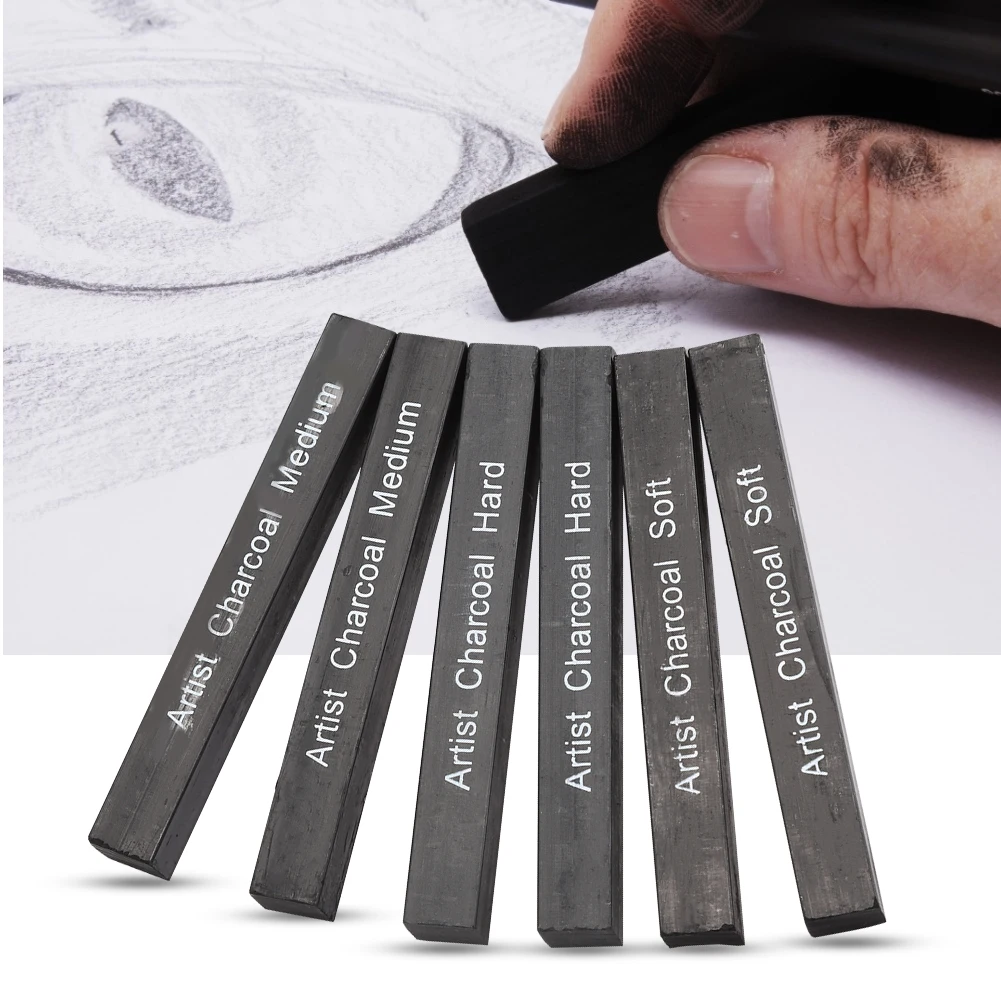 Black Square Soft Medium Hard Compressed Charcoal Sticks Sketch Charcoal Pencils for Sketching Drawing Shading HEEPDD 6 Pcs Charcoal Sticks 