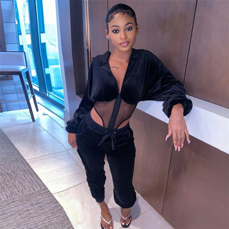 Velvet Mesh Hooded Bodysuit + Pants 2 Piece Sets Women Tracksuit Long Sleeve 2021 Fall Winter Sporty Black Casual Co-ord Outfits women sexy mesh see through bodysuit 2021 female turtleneck long sleeve one piece body suits stretchy wild basic female y2k tops