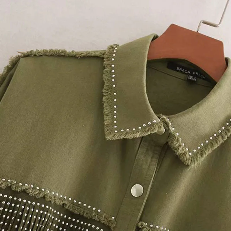 wonderful  Army Green Lapel Stylish Oversized Beading Decorate Denim Women Jacket Tassel Long Sleeve Coat Fema