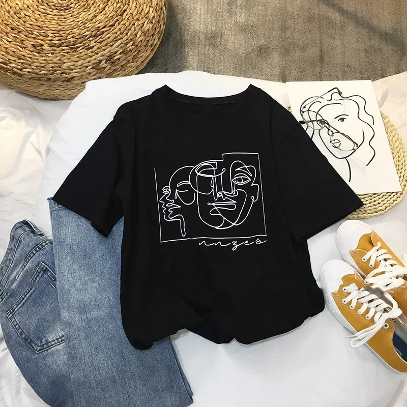 

Female Face Drawing Graphic T-Shirt O-Neck Fashion Abstract Character Painting Printed Round Neck Short Sleeve Tee