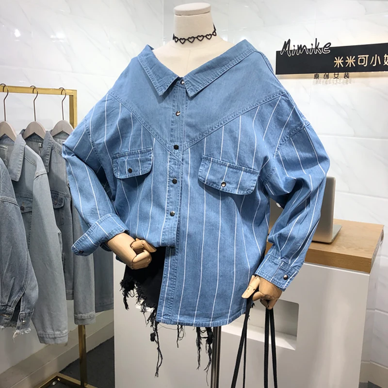 2020 Spring New Stripes Long-sleeved Jeans Shirt Women's Loose-Fit Single-breasted Denim Blouse Female Oversize Tops | Женская