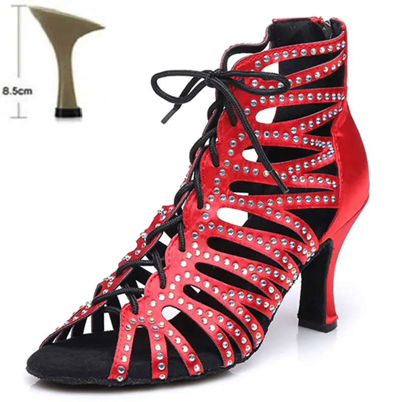 HROYL/женская танцевальная обувь для латинских танцев; женские танцевальные сандалии для танго; Сальса; Самба; атлас+ стразы; вечерние туфли на каблуке 6-10 см - Цвет: Red 8.5CM
