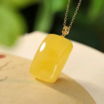 Natural Hetian Jade Topaz Pendant Necklace Chinese Style Retro Unique Glossy Geometric Charm Women's Brand Jewelry 1