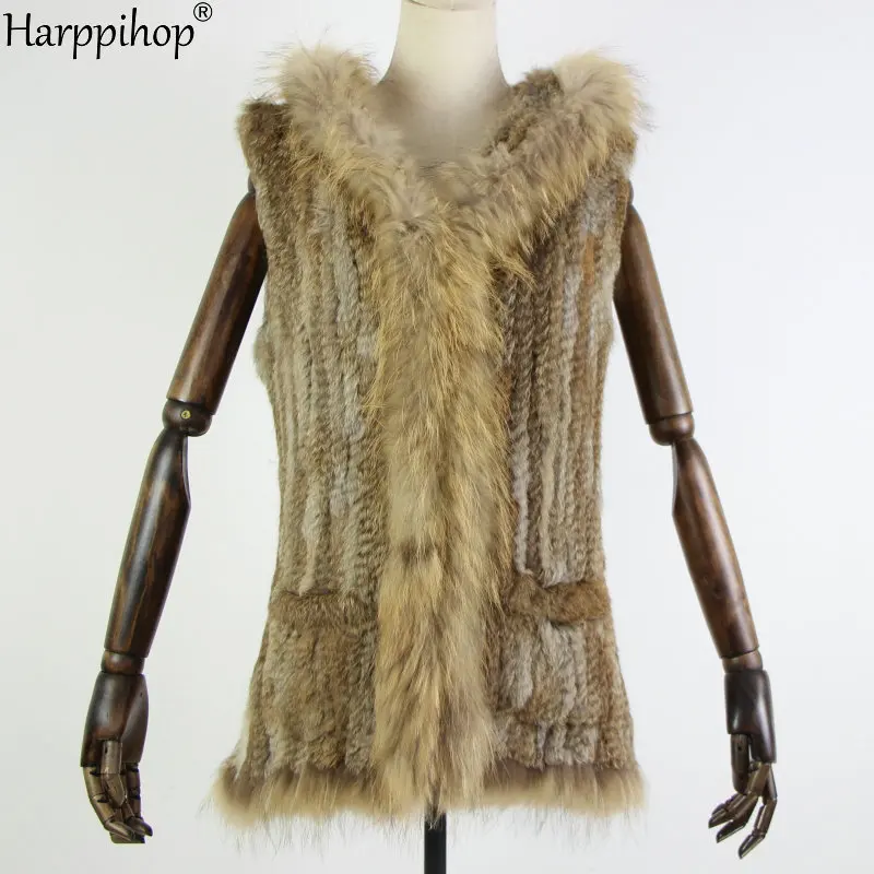 grass yellow Harppihop Мех Новая натуральная куртка из натурального меха кролика мех вязаный жилет с меховым капюшоном длинное пальто куртки с карманом женские зимние - Цвет: grass yellow