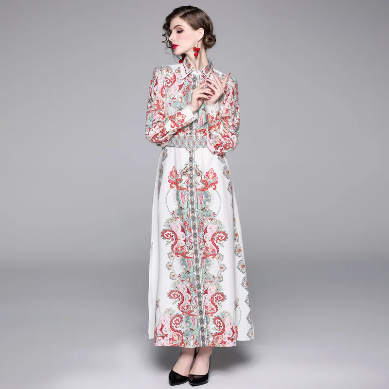 

2019 Autumn And Winter Europe And America New Products Fold-down Collar Single Breasted Long Lantern Sleeve Dress with Belt