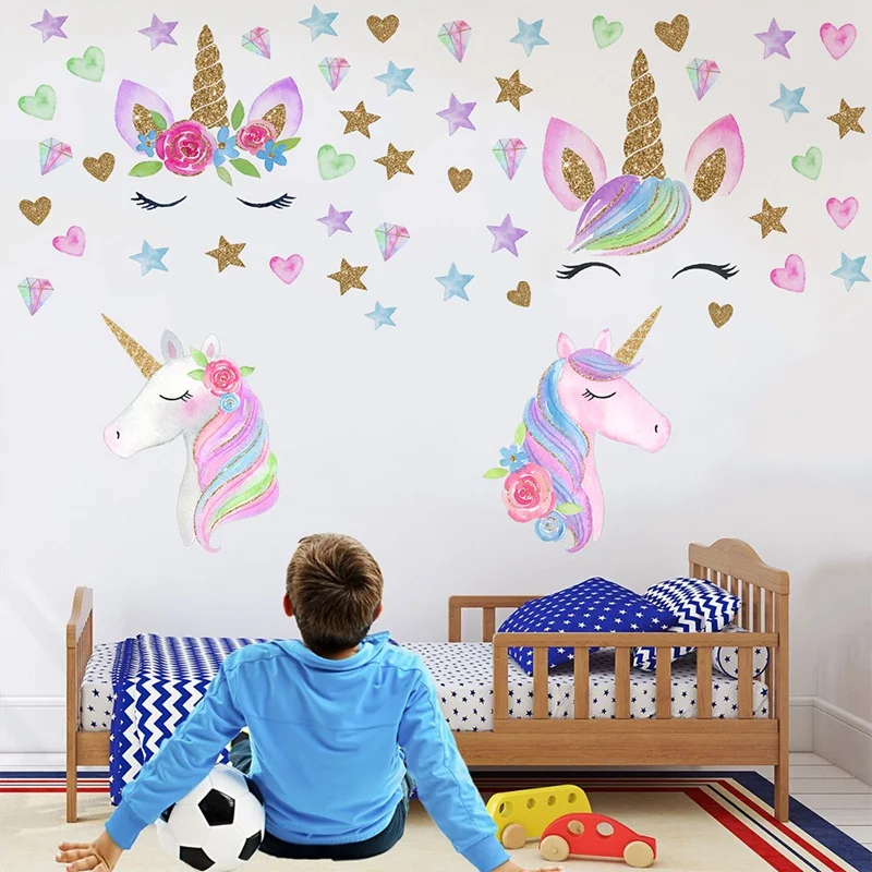 Единорог наклейки на стену радужные цвета светоотражающие мультфильм Единорог Лошадь наклейки на стене обои для девочек спальня Детская комната Декор