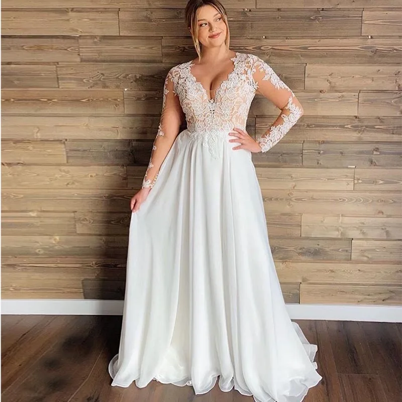 Plus-Size-Sexy-V-Neck-Wedding-Dresses-Chiffon-Long-Sleeve-A-Line-Lace-Wedding-Gowns-vestidos