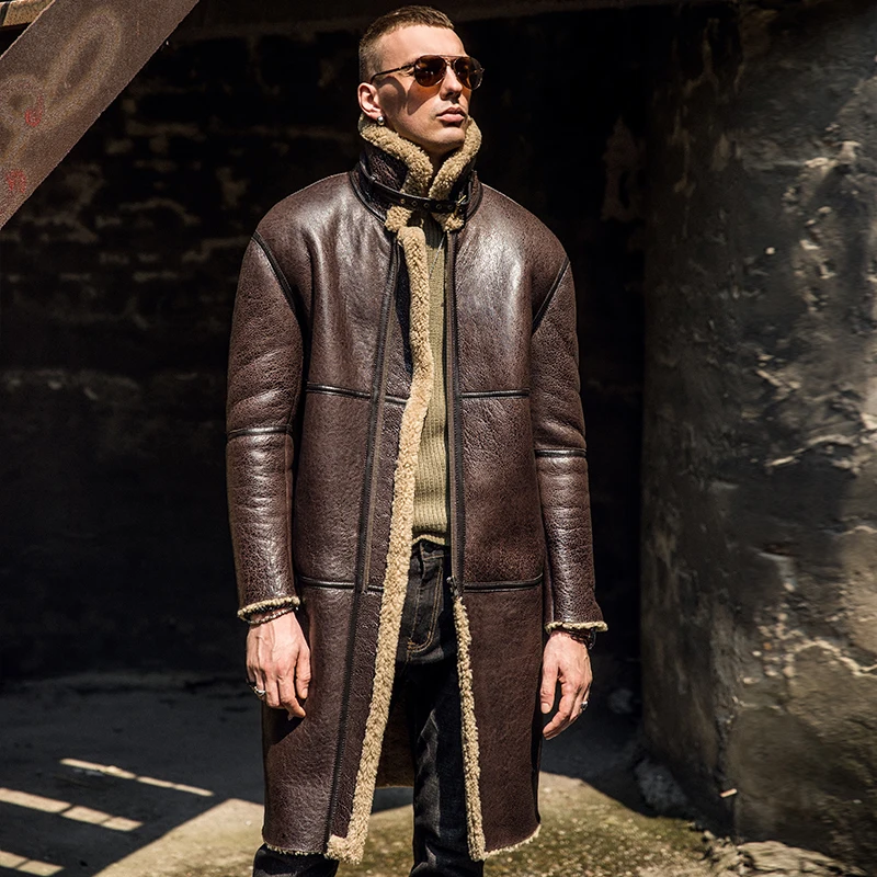Превосходного качества подлинный кожаный пиджак мужской мех ягненка и овечья кожа длинное пальто X-Long мужские Куртки из натуральной кожи