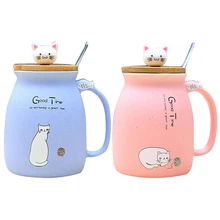 2pcs New Sesame Cat Heat-Resistant Cup Color Cartoon with Lid Cup Kitten Milk Coffee Ceramic Mug Children Cup Office Gifts