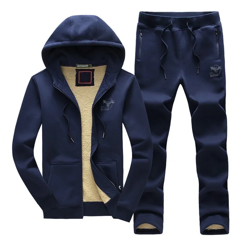 dark blue Новая зимняя повседневная толстовка с капюшоном, мужские комплекты из двух предметов, фирменный хлопковый плотный теплый спортивный костюм, штаны для мужчин размера плюс 3XL, спортивный костюм - Цвет: dark blue