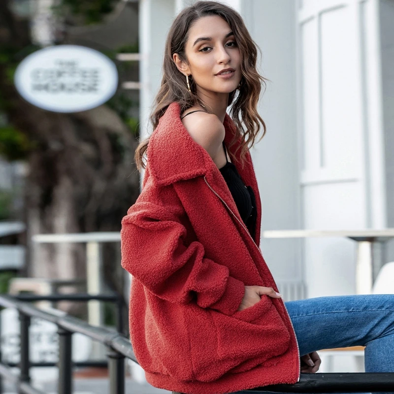 

Women Warm Plush Fur Coat Long Sleeve Thicken Zipper Fur Jacket Lapel Loose Tops