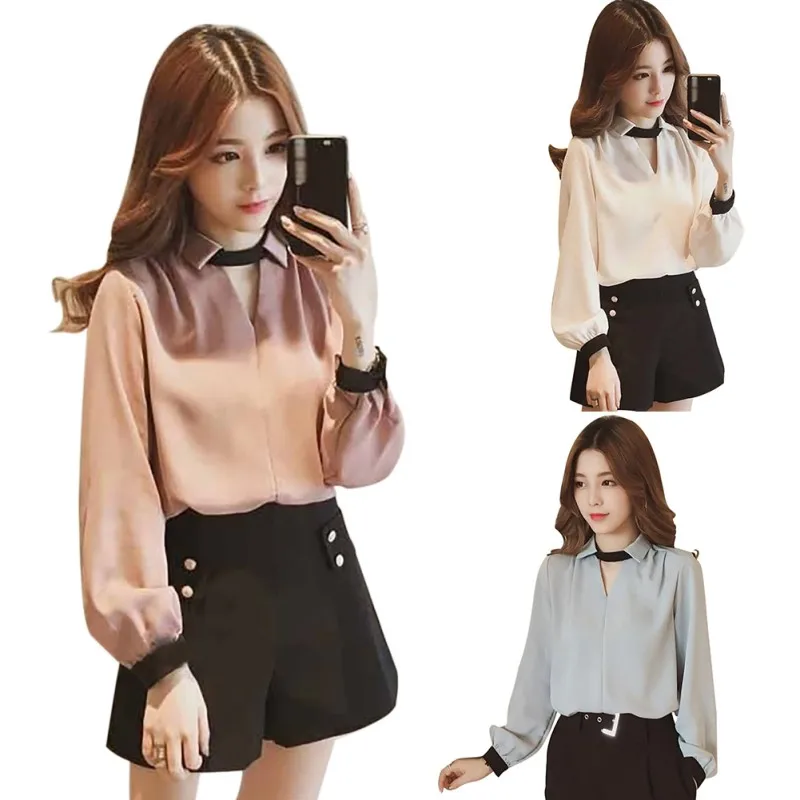 

Women Shirts Blouses Long Sleeve V Neck Solid Chiffon Blouse Tops V-Neck Office Style Blusas Puff Sleeve Casual