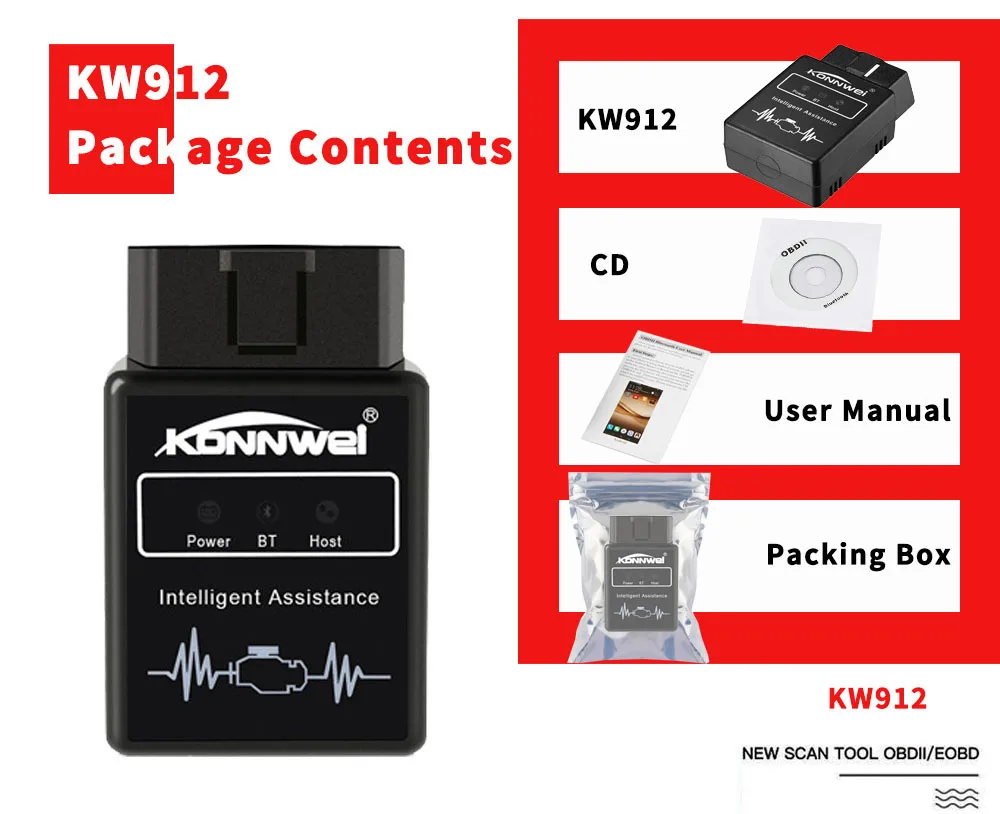 KONNWEI KW912 ELM327 Elm 327 Bluetooth OBD2 сканер для Android телефона чтение ясных ошибок двигателя код ридер адаптеры для бортовой диагностики, версия II инструмент