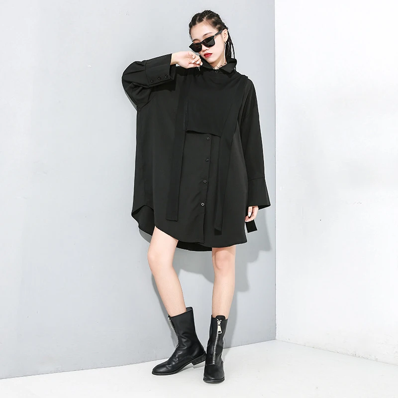 [EAM] Женская Черная блуза из двух частей с разрезом большого размера, новая рубашка свободного кроя с отворотом и длинным рукавом, модная весенняя Осенняя 1M889