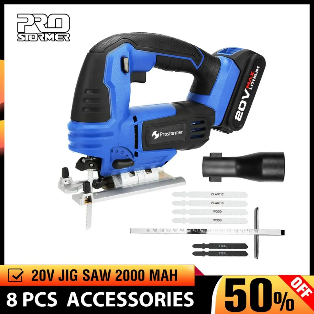 

PROSTORMER 20V Jig Saw Power Tool Cordless Jigsaw Quick Blade Change Electric Saw LED Light Guide With 6 Pcs Blades Woodworking