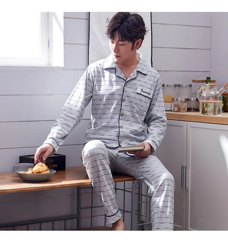 Pure Cotton Pajamas Men Spring And Autumn New Style Korean-style Casual Loose-Fit Long Sleeve Trousers Home Wear Two-Piece Set