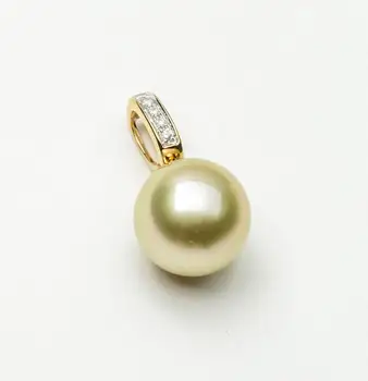 

Free Shipping 12mm Round Light Golden Genuine South Sea Pearl Diamond Pendant 18k Yellow Gold