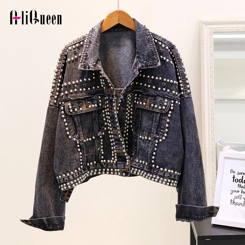 Punk Style Hand Studded Rivet Cool Denim Womens Jackets And Coats