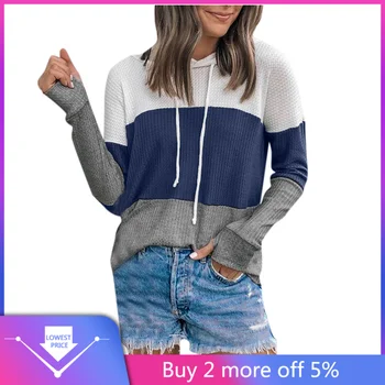 

New Casual Sweatshirt Women Clothes Loose Knit Tunic Blouse Knot Hooded Tops Plain Color Patchwork Shirts Sudadera Mujer #C11