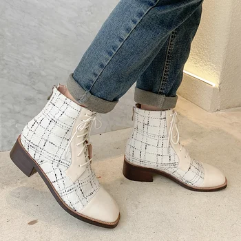 

EshtonShero Square Low Heels Autumn Winter Ankle Boots Riding Boots Platform Round Toe Black Women Motorcycle Boots Size 3-9