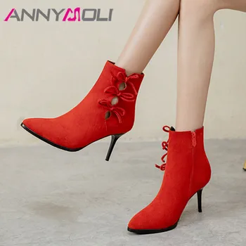 

ANNYMOLI High Heel Ankle Boots Bow Woman Boots Zip Thin Heel Short Boots Pointed Toe Shoes Ladies Autumn Winter Black Red 33-46
