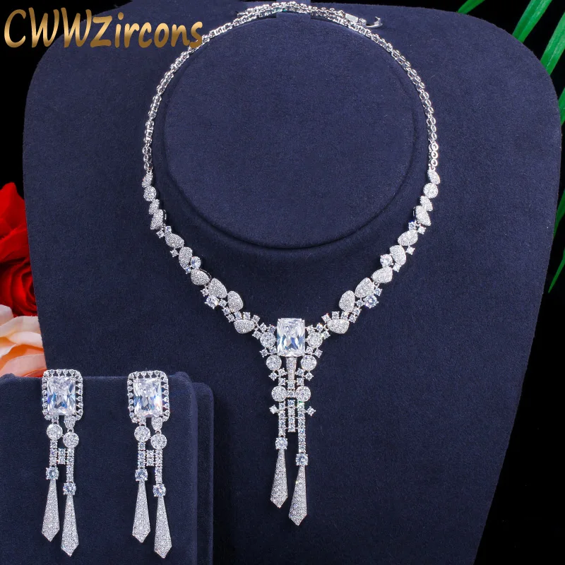 

CWWZircons Luxury Bubai Silver Color Cubic Zirconia Dangling Drop Long African Bridal Wedding Jewelry Sets Women Costume T378