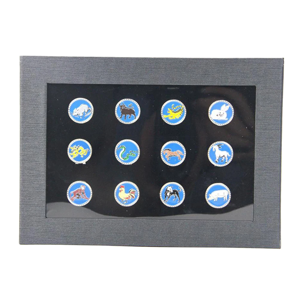 

12Pcs/Pack Chinese Zodiac Ball Marker Hat Cap Clip W/Gift Box Golfer Presents