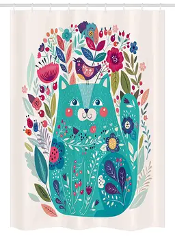

Cat Stall Shower Curtain, Kitty Surrounded by Birds Flowers Ladybugs Inspirational Folk Baby Theme, Fabric Bathroom Decor Set