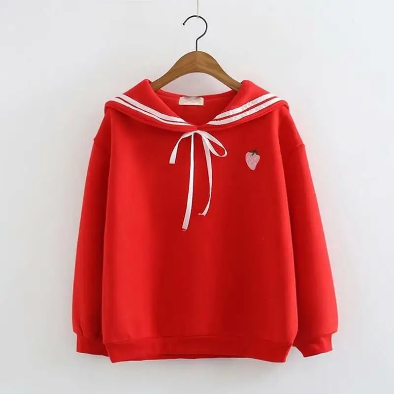 

2019 Women Spring Fall Embroidery Cute Strawberry Student Sweatshirts Drop-Shoulder Sailor Collar Sweet Girl Pullovers Top