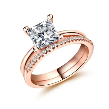 

TF-167 Wedding Ring Set with Clear White Princess Cut CZ Prong Set Rose Gold Color Engagement Rings for Women & Girlfriend