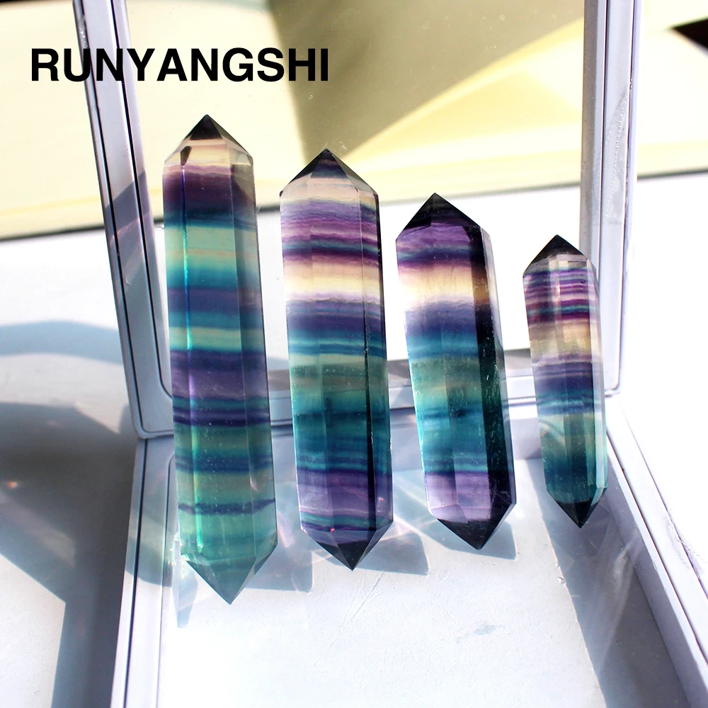 Runyangshi 1pc Natural Crystal Rainbow Fluorite original stone stripe fluorite hexagonal arris double pointed column