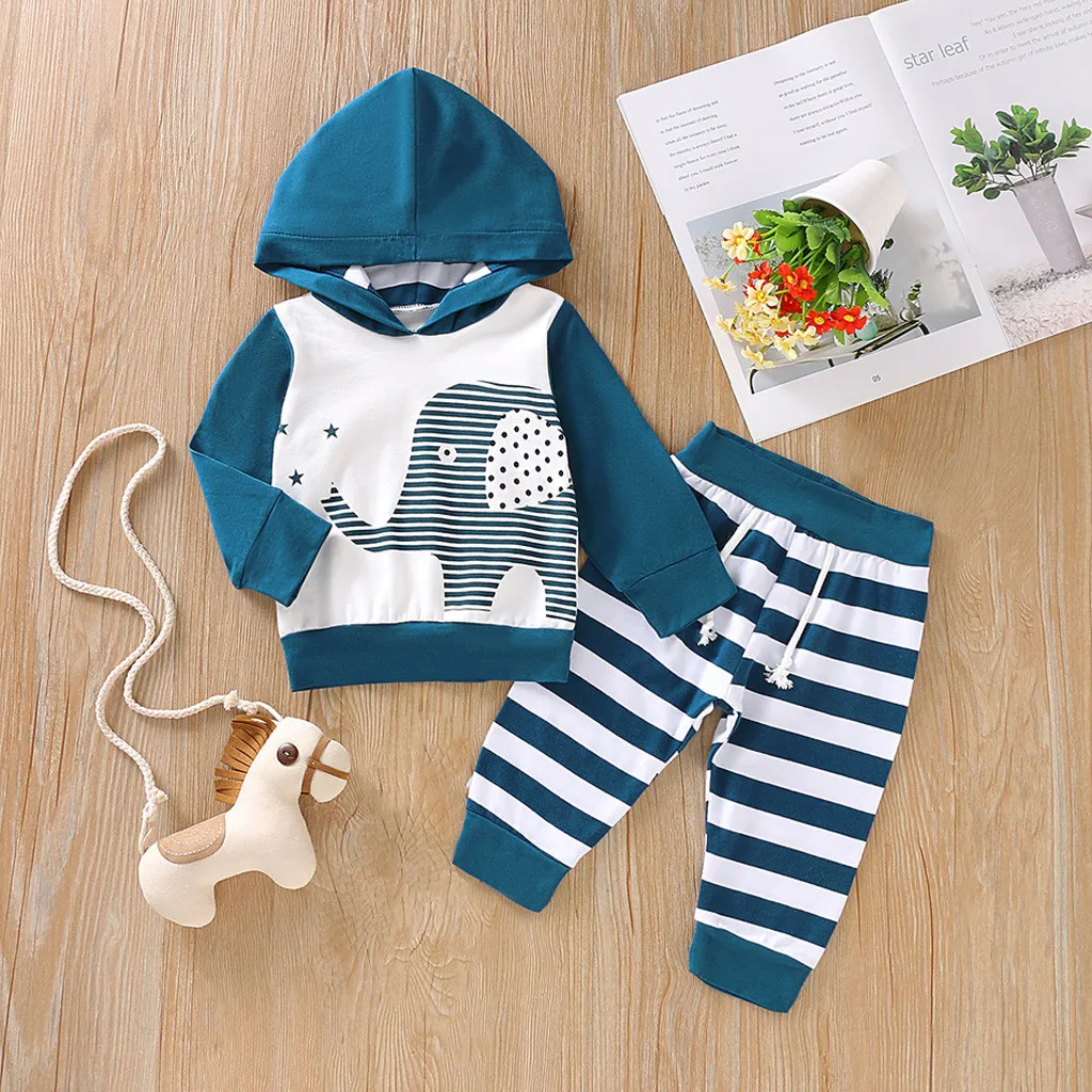 

Hooded Newborn Sweatshirts clothes Sets Winter Autumn Infant Baby Girls Boys Cartoon Stripe print Pant Outfits infant clothing