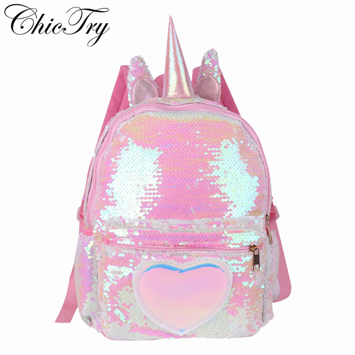 

Girls Sparkly Sequins Cartoon Animal Horn&Ears Holographic Heart Backpack Daypack Shoulder Travel Bag Ballet Dance Schoolbag