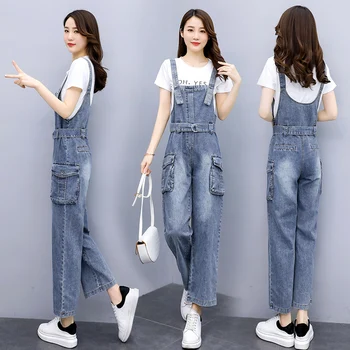

Denim one-piece wide-leg pants women's fashion 2020 autumn new style Western style suspenders women loose Korean version S -XXXL