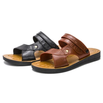 

New Men Sandals 2020 Man Summer Slip-on Genuine Leather Sandals Beach Slide Sandals Fashion Casual Breathable Male Flat Shoes