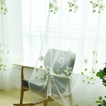 

Floral Sheer Curtains for Living Room Bedroom Pastoral Voile Curtain with Embroidery Leaves Tulle Customized Gauze Window Decor