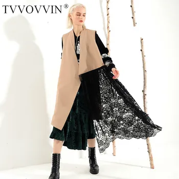 

TVVOVVIN 2019 New Autumn Winter V-collar Sleeveless Khaki Hem Lace Irregular Split Joint Long Vest Women Tide M32