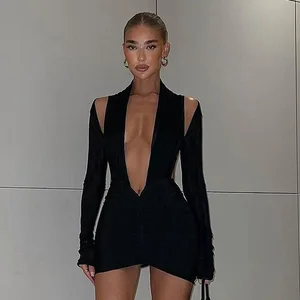 Women Tight Dress Sexy Black Short Dresses long sleeve Backless Cut Out Dress Y2k mini Summer ladies evening club Party clothes