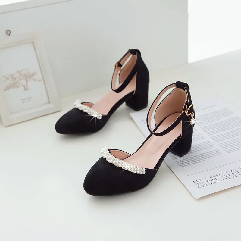 

YQBTDL Pearl String Bead Queen Women Pumps Pointed Toe 5cm Chunky Heels Black/pink/beige Wedding Shoes Buckle Strap Cute Shoes