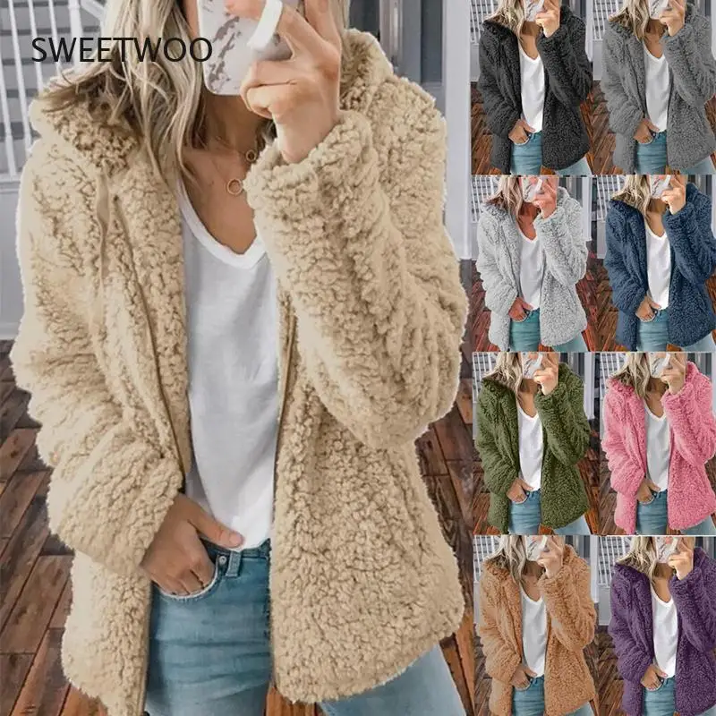 Women Autumn Winter Jacket Female Coat Causal Soft Hooded Fleece Plush Warm  Faux Fur Fluffy Zipper Top Sudadera 2022 female warm faux fur coat women autumn winter teddy coat casual oversized soft fluffy fleece jackets overcoat dropshipping 2022