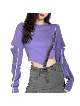

Women's Sexy Crop Top, Cutout Long Sleeve Round Neck Irregular Hem Patchwork Tee Shirt