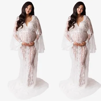 

Women Maternity Pregnants Photography Props Pagoda Long Sleeve Prom Gown Dress cotton Pregnant casual clothes summer Dress