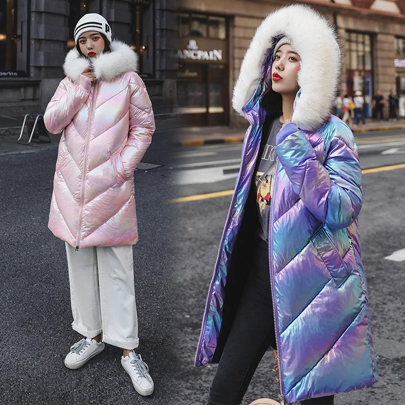 

2019 Winter New Style Korean-style Cotton-padded Clothes Women's Mid-length Large Size Bright Surface Cotton-padded Clothes Wome