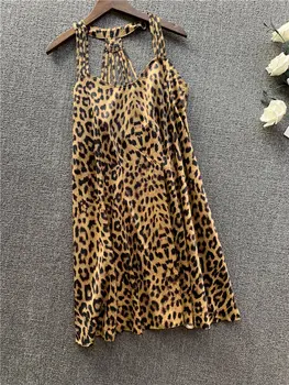 

Women's Sexy Leopard Nightgowns Summer Sleepwear Lace Sling V-neck Femme Home Nightwear Spaghetti Strap