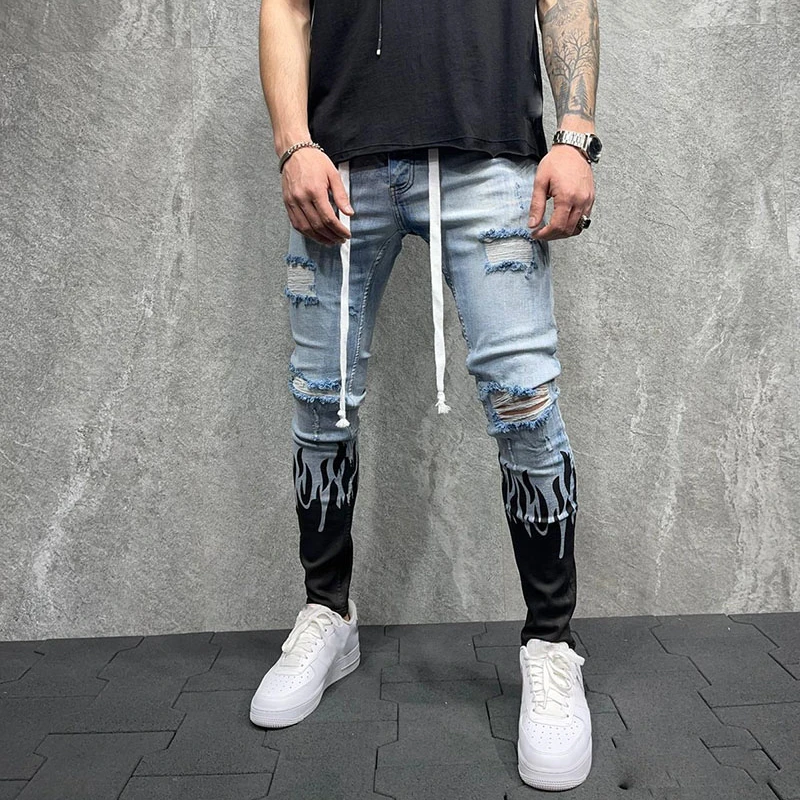 Men Ripped Jeans Slim Fit Trousers Fashion Flame Print Distressed Fringe Pencil Jeans Homme Casual Drawstring Skinny Denim Pants blue jeans for men