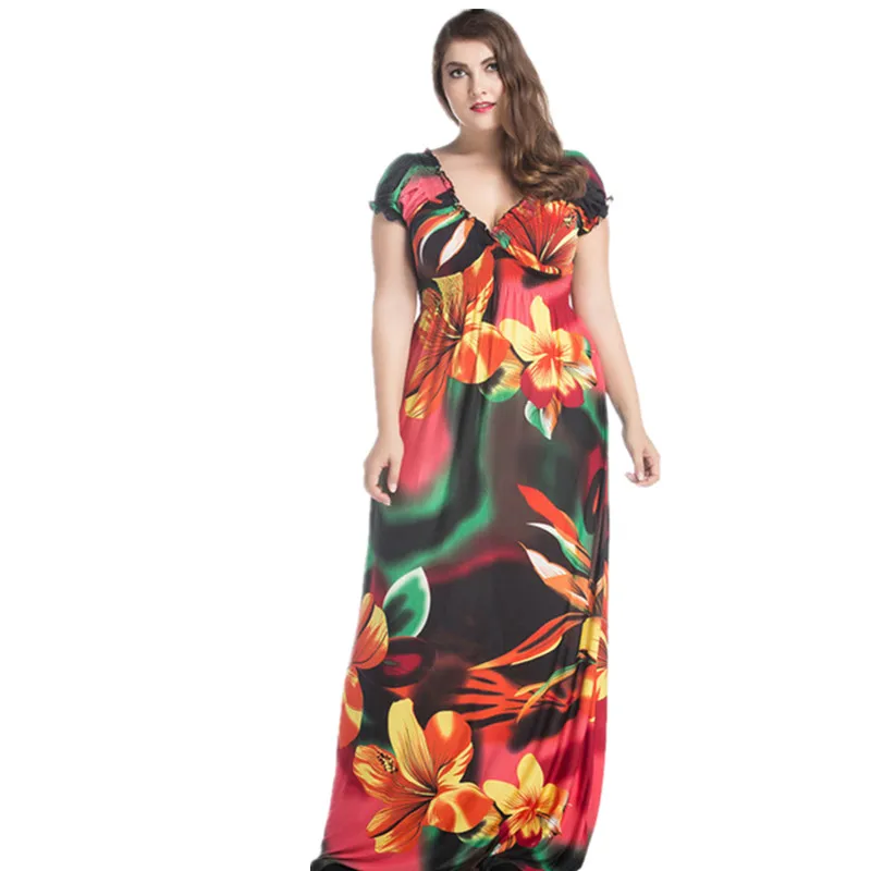 New Women ukraine Spring Elegant Clothing Bohemian V Neck Flower Print hippie boho Maxi Long Party Dress Plus Size 5XL 6XL | Женская