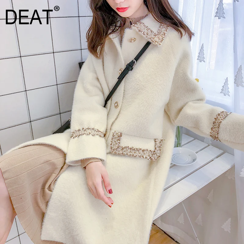 

[DEAT] 2019 New Autumn Pattern Trend Vintage Imitation Water Velvet Lapel Collar Thick Raw Stitching Women's Woolen Coat AT260