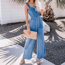 Женские комбинезоны с рюшами на молнии сзади, женские джинсы, модный свободный джинсовый комбинезон с открытой спиной, уличная женская одежда