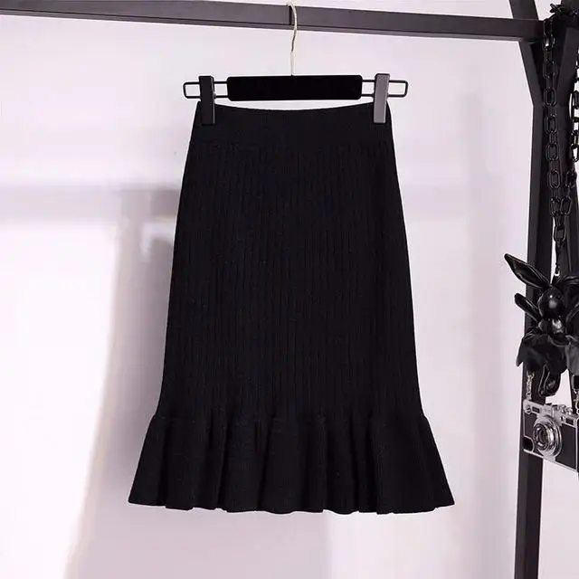 Женские юбки Макси трикотажные с высокой талией теплые элегантные женские длинные юбки-свитера зимние женские плиссированные юбки миди с рюшами - Цвет: Black for 50cm