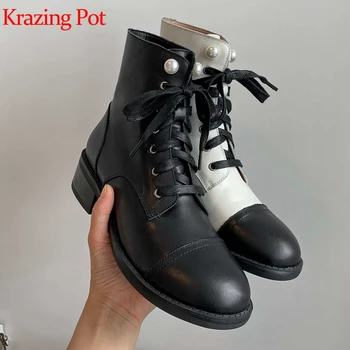 

Krazing pot 2020 gladiator genuine leather round toe mixed color French romance med heel pearl-studded dailywear ankle boots L61